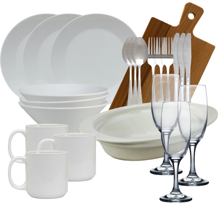Set complet de masa, Snow white, 23 piese, Portelan, Alb