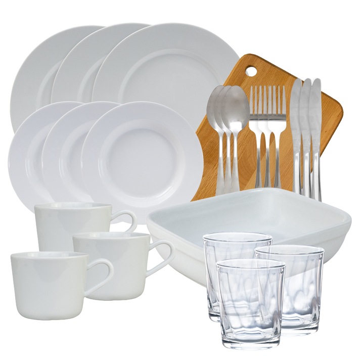 Set complet de masa, Snow white, 23 piese, Portelan, Alb Lucios