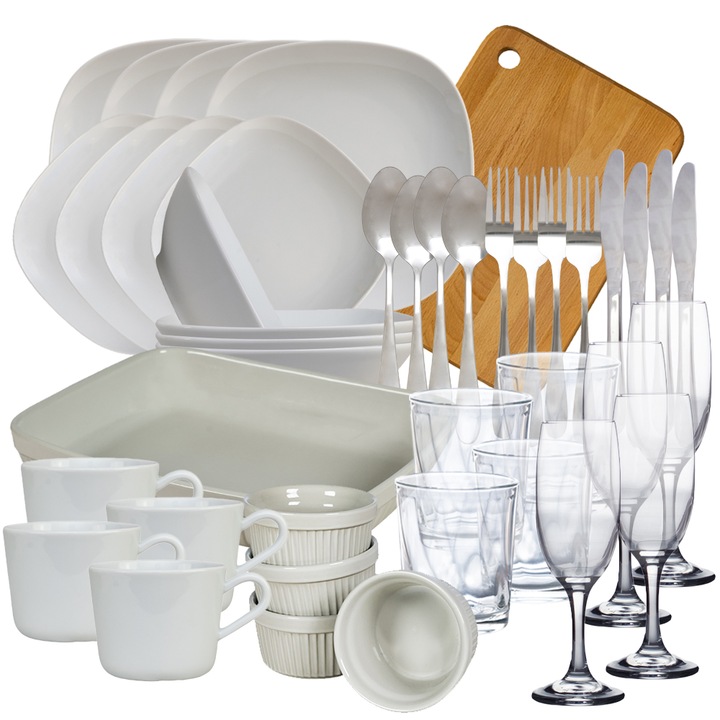 Teljes körű étkészlet, White, 42 darab, 4 személy számára, Porcelán, Fehér