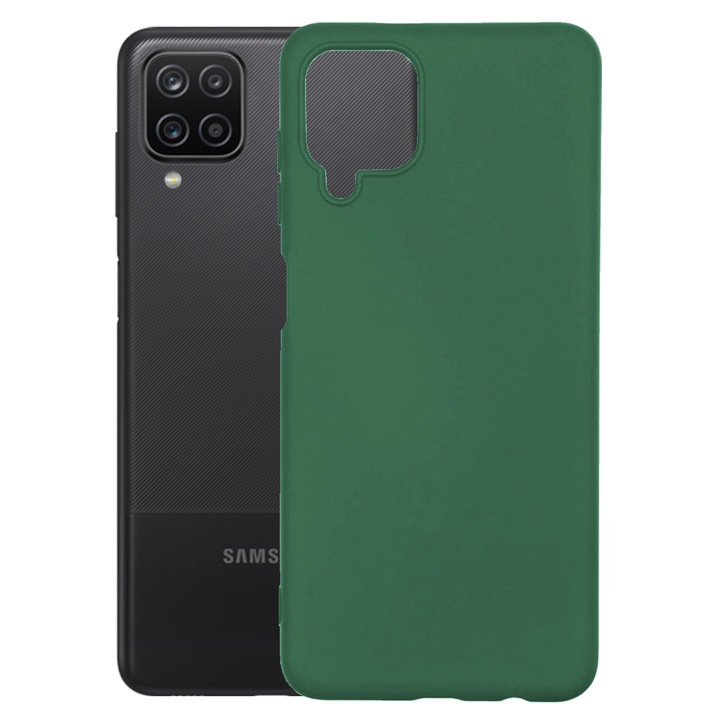 Védőburkolat, bársony belső, Samsung Galaxy A12 / M12 kompatibilis, FONIX BloomShield, szilikon, emelt élek, vékony, Sötétzöld