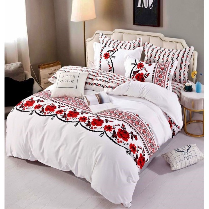 Lenjerie de pat dublu cu elastic, Jojo Home, imprimeu Traditional, M10, 6 piese, 2 persoane, 180x200cm, Finet Superior, Alb