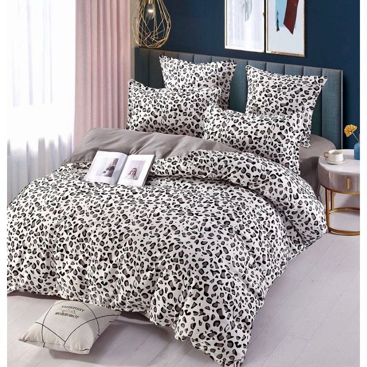 Двойно спално бельо с ластик Jojo Home, Animal Print, 6 части, 2 лица, 180x200см, Finet Superior, Сив