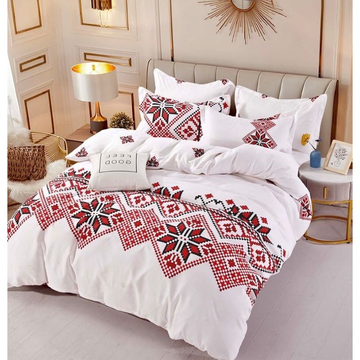 Dupla ágynemű gumival, Jojo Home, Tradicionális mintás, M11, 6 db, 2 személyes, 180x200cm, Finet Superior, Fehér