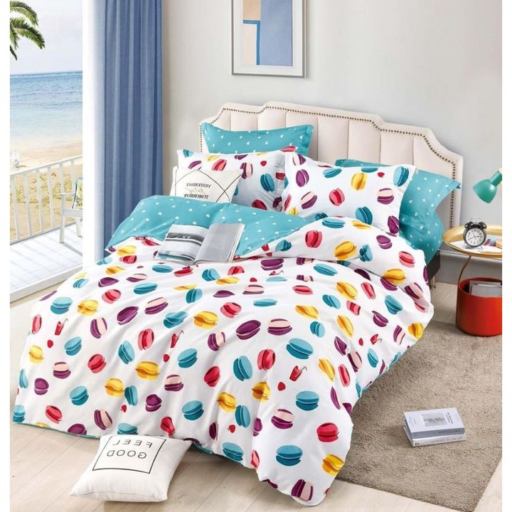 Lenjerie de pat dublu cu elastic, Jojo Home, imprimeu Macarons, 6 piese, 2 persoane, 180x200cm, Finet Superior, Multicolor
