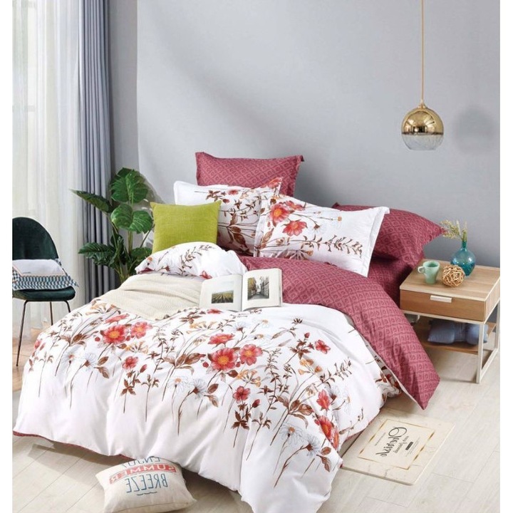 Двойно спално бельо с ластик, Jojo Home, щампа Цветя, 6 части, 2 лица, 180x200см, Finet Superior