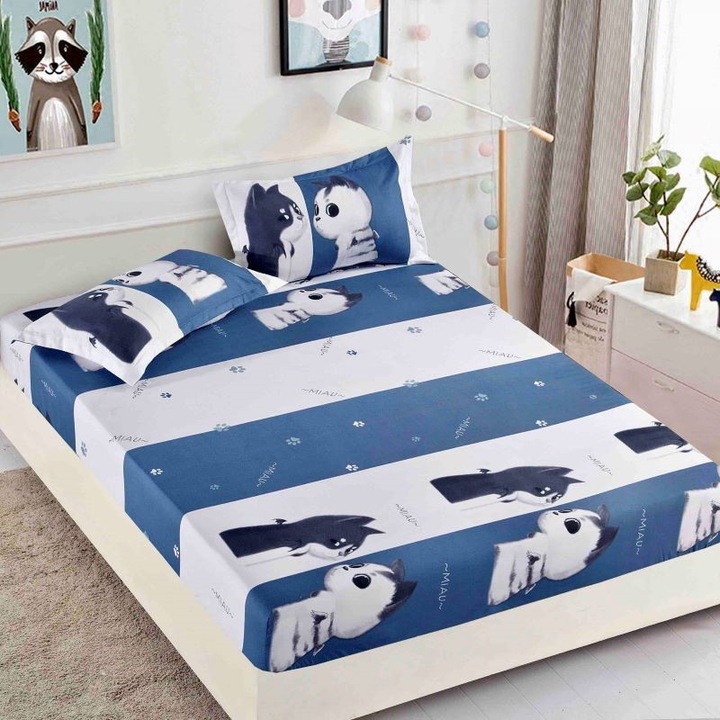 Покривало за двойно легло, с ластик, Jojo Home, щампа Котки, 3 части, 180x200см