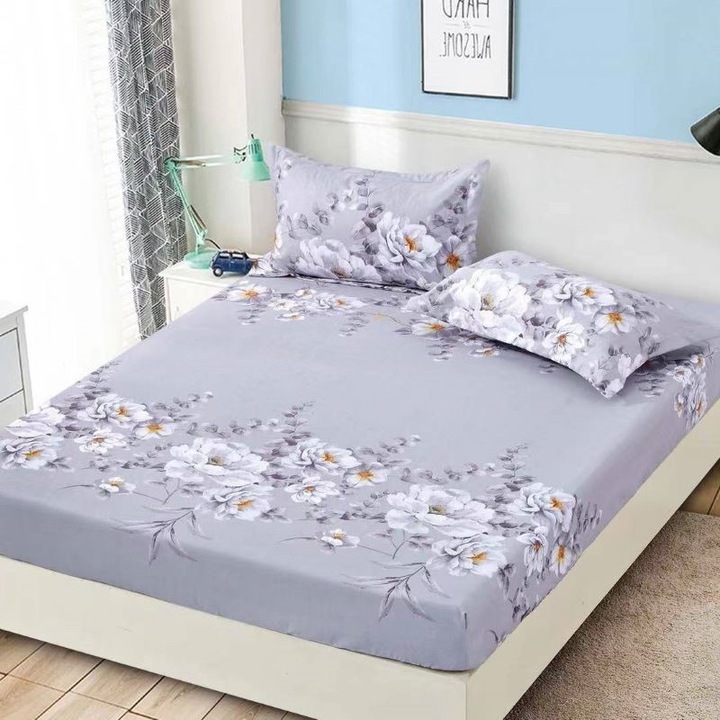 Покривало за двойно легло, с ластик, Jojo Home, щампа Божури, M1, 3 части, 2 лица, 180x200см, Finet