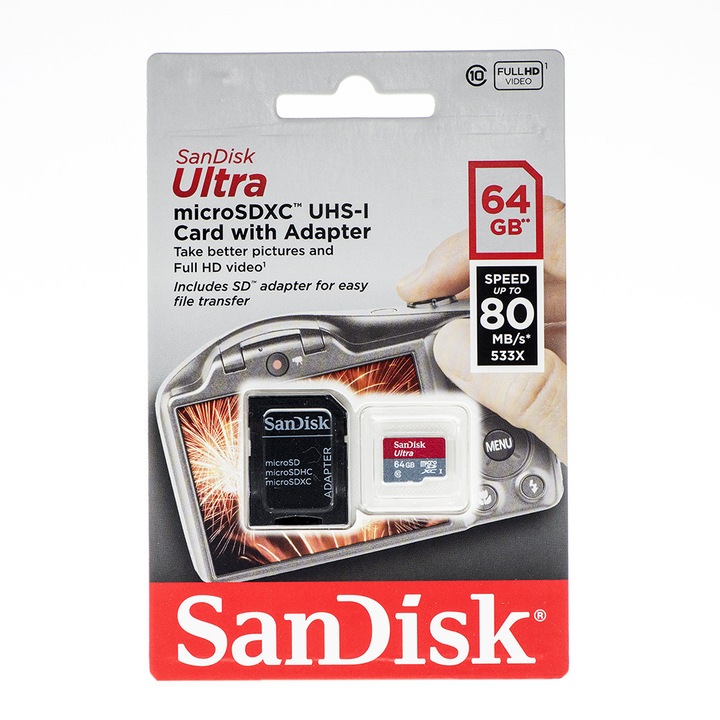 Card microSD cu adaptor, SANDISK, capacitate 64GB, clasa 10, UHS-I