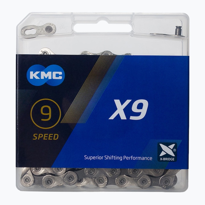 Lant de bicicleta, KMC, 122 zale, 9 trepte, Argintiu