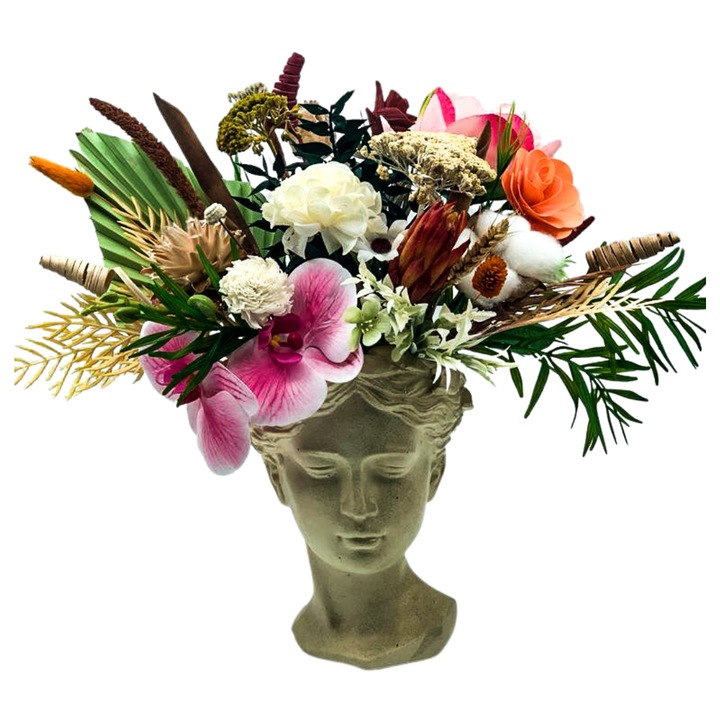 Vaza tip Venus, crem, 24 cm cu aranjament floral compus din flori nemuritoare