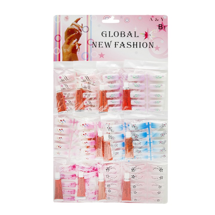 Műköröm tipkészlet ragasztóval, Global Fashion, 12 készlet, Multicolor