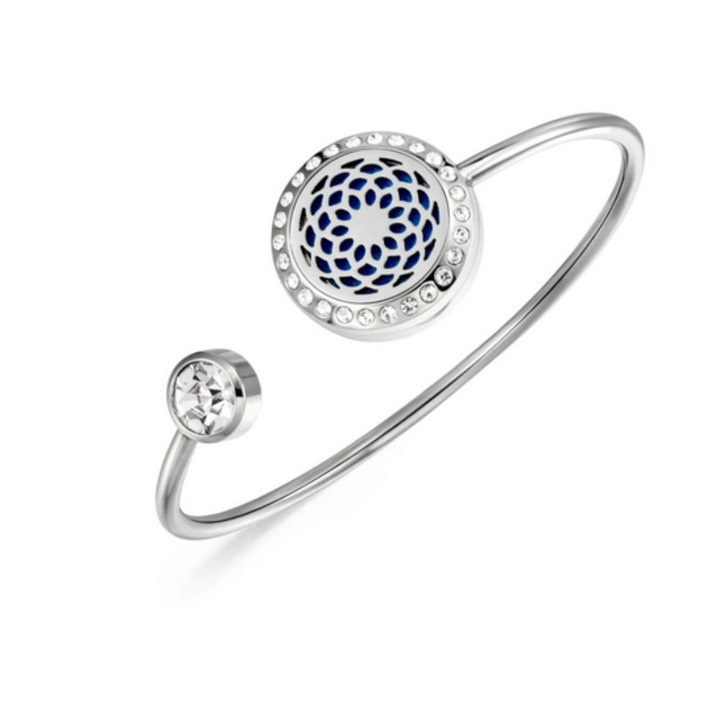 Bratara aromaterapie cu uleiuri esentiale, model Floarea Vietii cu pietre, difuzor de aroma, discuri fetru incluse, argintie