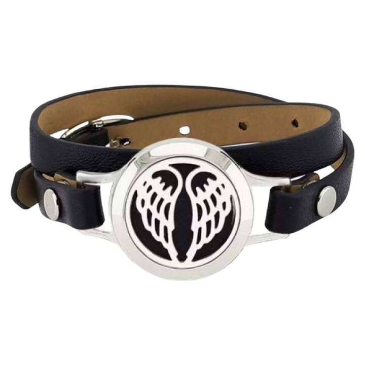 Bratara aromaterapie pentru uleiuri esentiale, model Aripi, difuzor de aroma, curea dubla din piele, discuri fetru incluse, negru