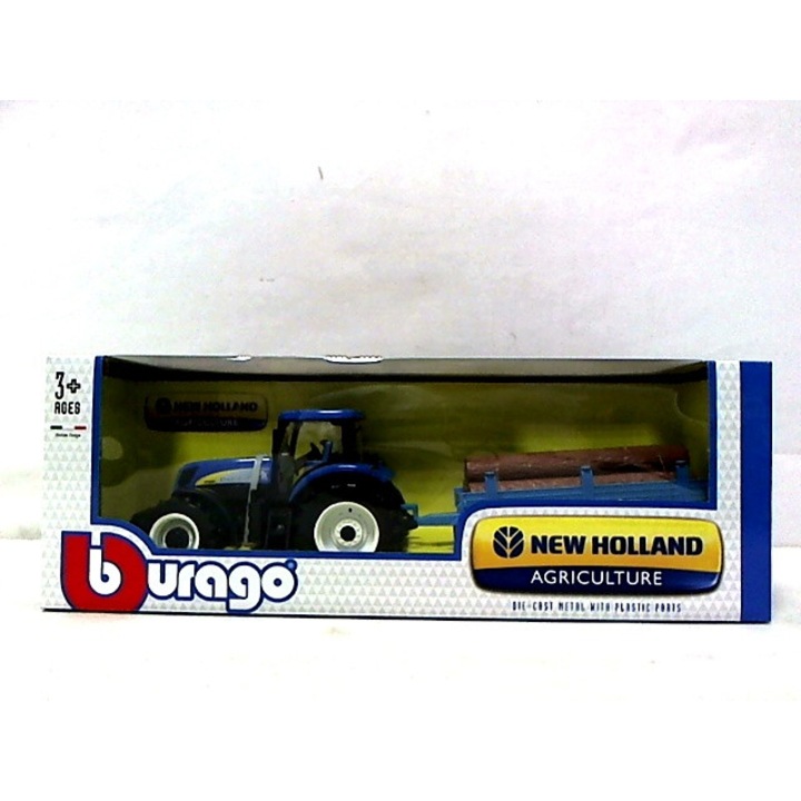 Tractor New Holland cu remorca pentru copii, BBurago, Multicolor