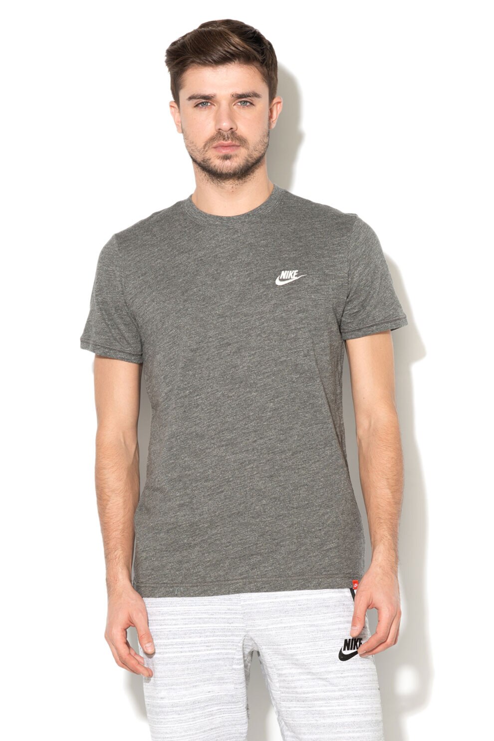 Nike, Tricou sport cu logo brodat3, Gri inchis melange