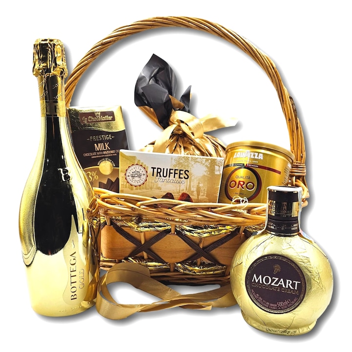 OEM Elegant Golden Gift ajándékkosár, Bottega Gold pezsgővel, Mozart likőrrel, Lavazza Oro kávéval és exkluzív csokoládé különlegességekkel