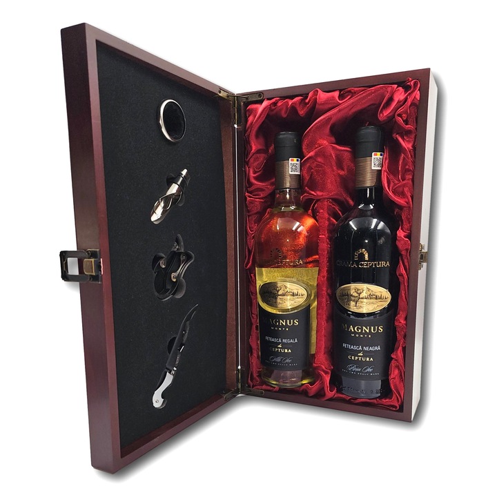Pachet cadou special, CADOURI PREMIUM, model Wine Selection cu vinuri renumite si accesorii utile, toate ambalate in cutie din lemn cu finisaje premium