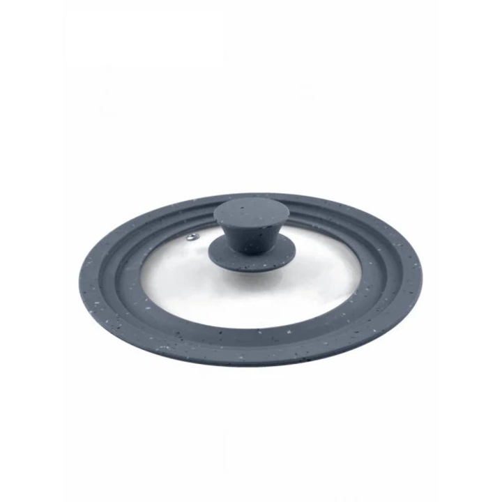 Capac din sticla adaptabil pe 3 dimensiuni, 22 cm, 24 cm, 26 cm, margine din silicon, Gri