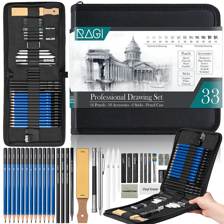 Професионален комплект моливи за рисуване и скициране, RAGI, 33 части
