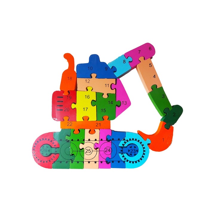 3D дървен пъзел за деца с азбука и цифри, Багер, 26 части, 23 см, 18014SX