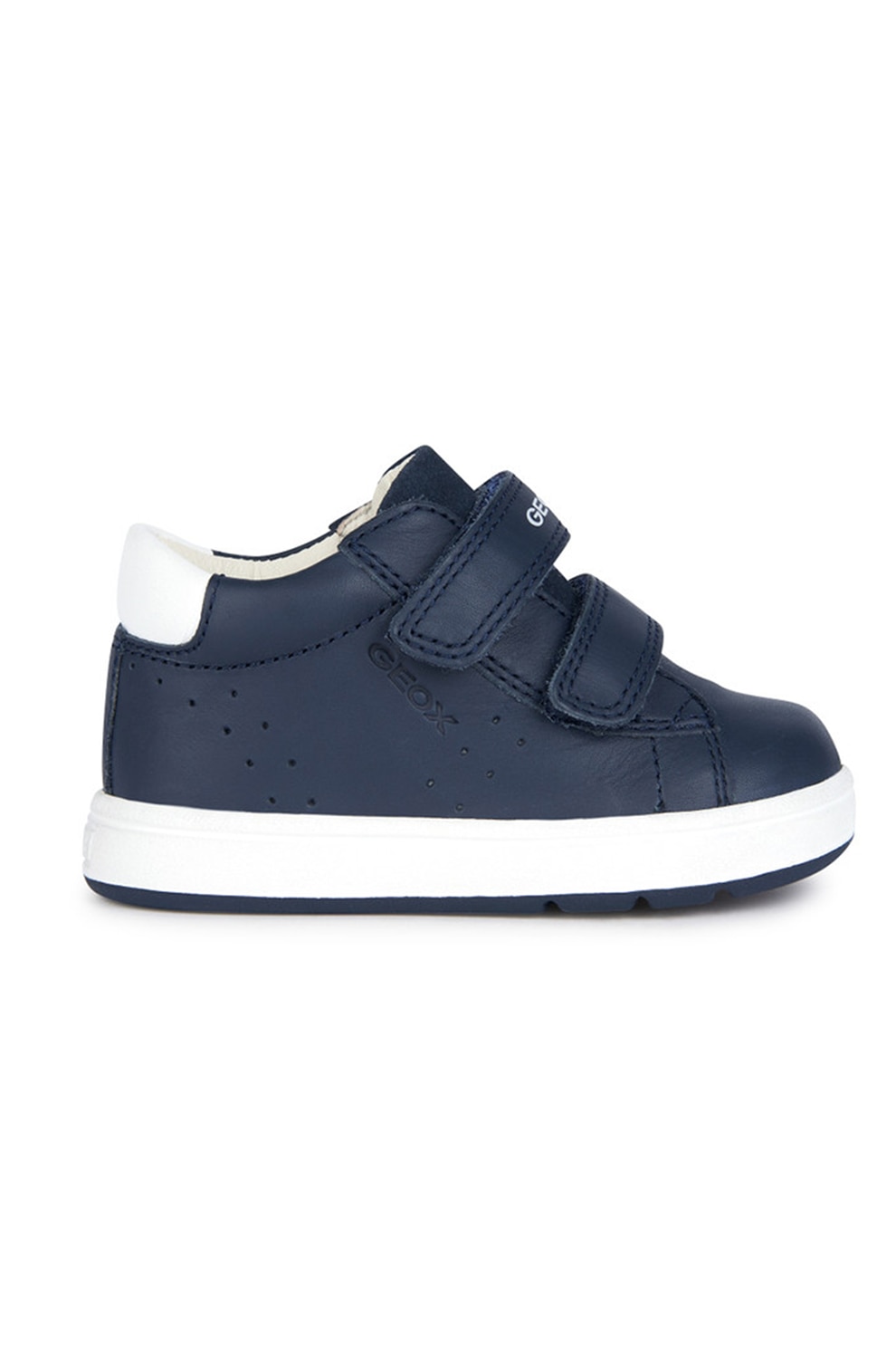 Geox, Pantofi sport de piele cu insertii de piele intoarsa si velcro, Bleumarin, 22 EU