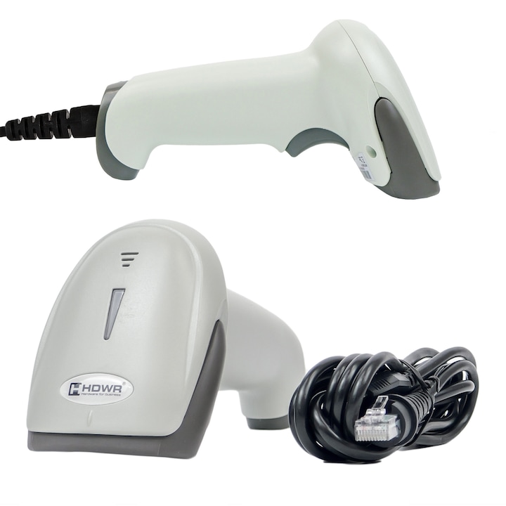 Cititor de coduri de bare, 1D, scanare manuala, 100 scanari/secunda, confirmare sonora a scanarii, cablul USB, cabluri de 200 cm, 650-670nm laser, IP54, interfata Plug&Play, dimensiuni 65 x 160 x 90 mm, rapid, precis, alb, HDWR, HD67W
