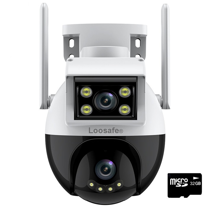 Camera de supraveghere dubla WIFI Loosafe® DC80 Pro Hawk, 8MP, exterior/interior, Ultra HD, 5X zoom, rotire, leduri lumina, comunicare bidirectionala, senzor miscare, Argintiu