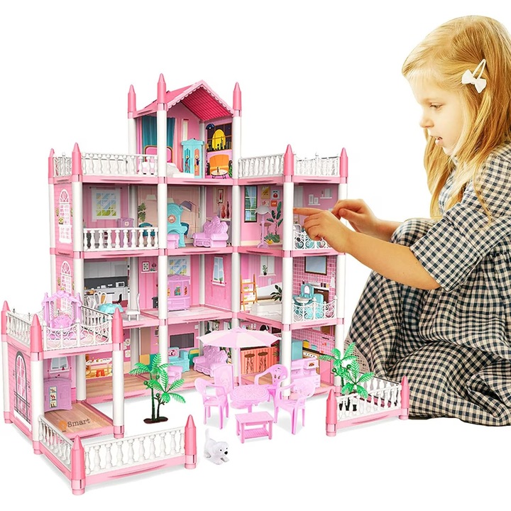 Къща за кукли KinderVibe, 4 етажа, 11 стаи, 4 тераси, обзаведена, височина 61 см, розов