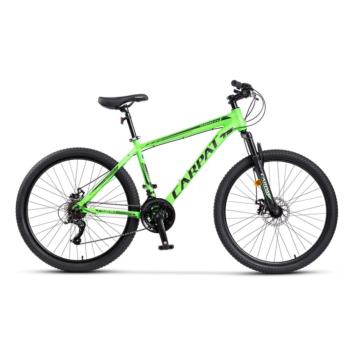 Bicicleta MTB cu roti de 26", Suspensie fata, Manete Secventiale, Frane DISC-fata/spate, 21 Viteze, verde/negru, Mountain Bike Carpat Spartan 2.6 cu Cadru din Aluminiu