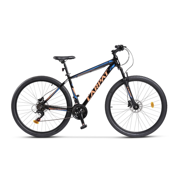 MTB велосипед с 29" колела, предно окачване, последователни лостове, хидравлични DISC-RSX спирачки, 21 скорости, черно/оранжево/синьо, планински велосипед Carpat Spartan 2.9 с алуминиева рамка