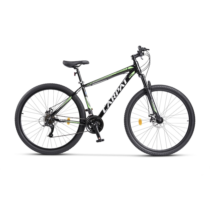 MTB велосипед с 29" колела, предно окачване, последователни лостове, дискови спирачки-предни/задни, 21 скорости, черно/сребристо/зелено, планински велосипед Carpat Spartan 2.9 с алуминиева рамка