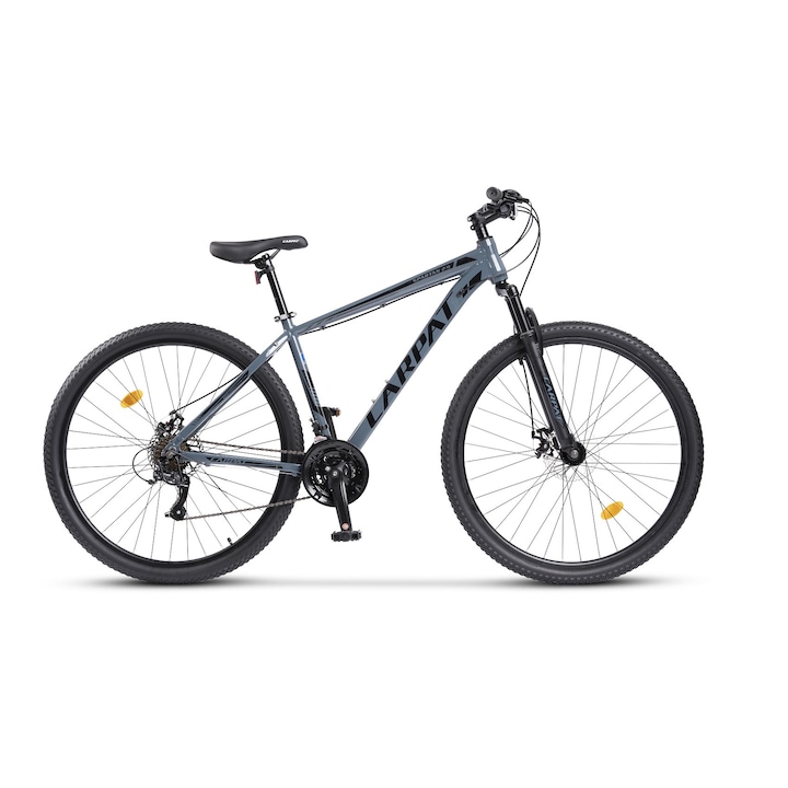 MTB велосипед с 29" колела, предно окачване, последователни лостове, дискови спирачки-предни/задни, 21 скорости, сиво/черно, планински велосипед Carpat Spartan 2.9 с алуминиева рамка