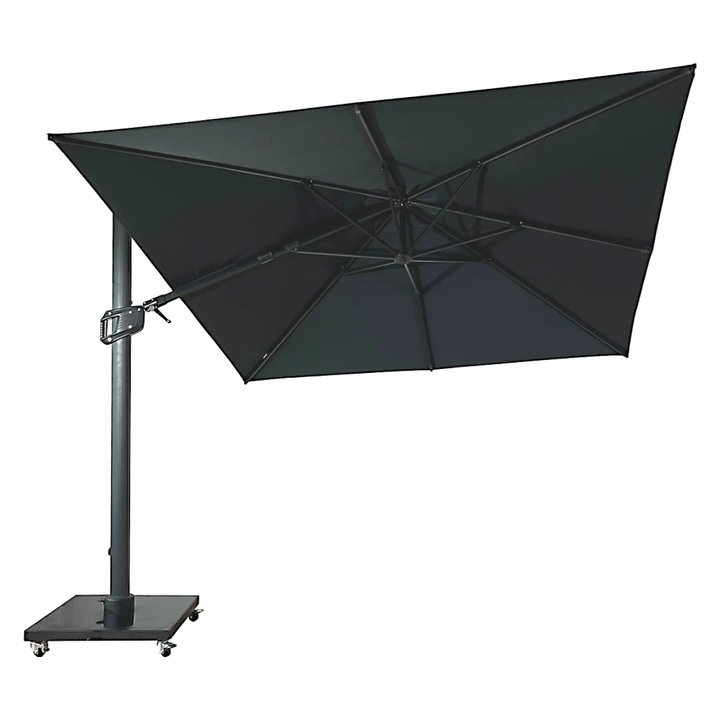 Umbrela premium, Virtuoso, pentru terasa si gradina, structura din aluminiu, pliabila, inclinare laterala, 3 m x 3 m x 3.07 m, gri antracit, baza din granit cu roti si husa incluse