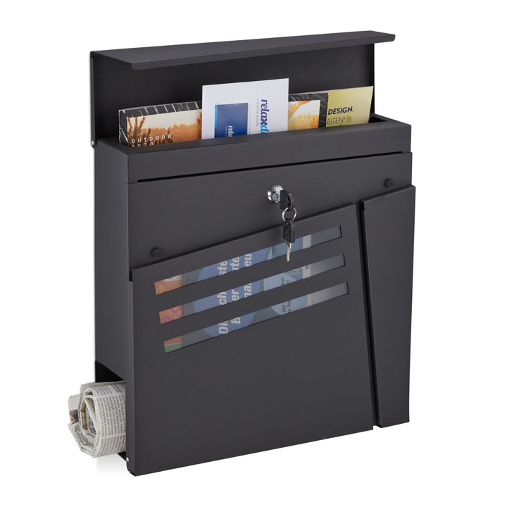 Cutie postala exterior, spatiu ziare, buzunar pentru materiale publicitare, 2 chei, 37 x 37 x 11 cm, negru