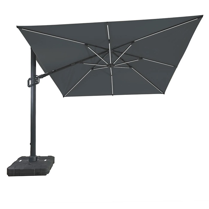 Umbrela premium, Virtuoso, pentru terasa si gradina, structura din aluminiu, pliabila, inclinare laterala, 3 m x 3 m x 3.07 m, gri antracit, baza din HDPE cu roti si husa incluse