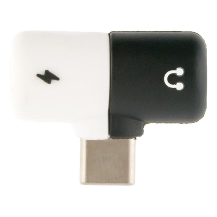 Fekete-fehér – 2 az 1-ben C típusú USB-adapter: fejhallgató és töltő, elosztóval