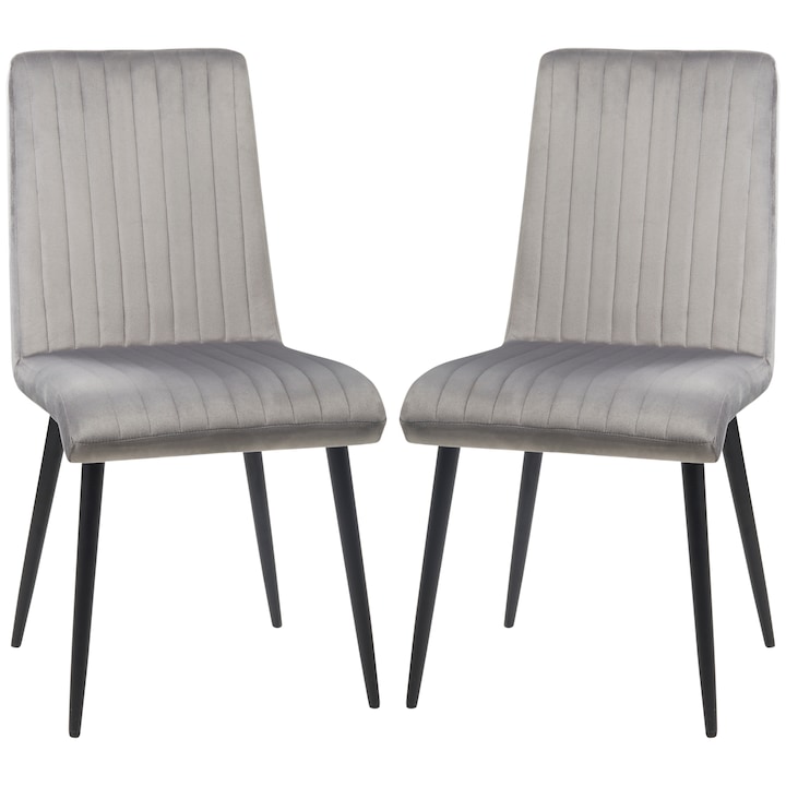 Étkezőszék készlet, 2 db-os, modern bársony szövetből, csatornázott háttámlával és szürke acél lábakkal