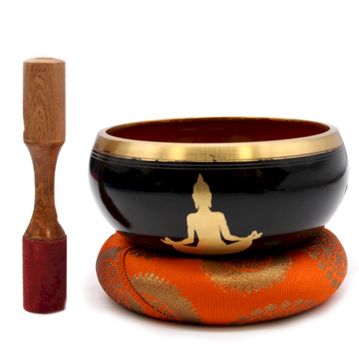 Set bol tibetan cantator, cu percutor lemn, perna, Budha, negru, ∅ 14 cm