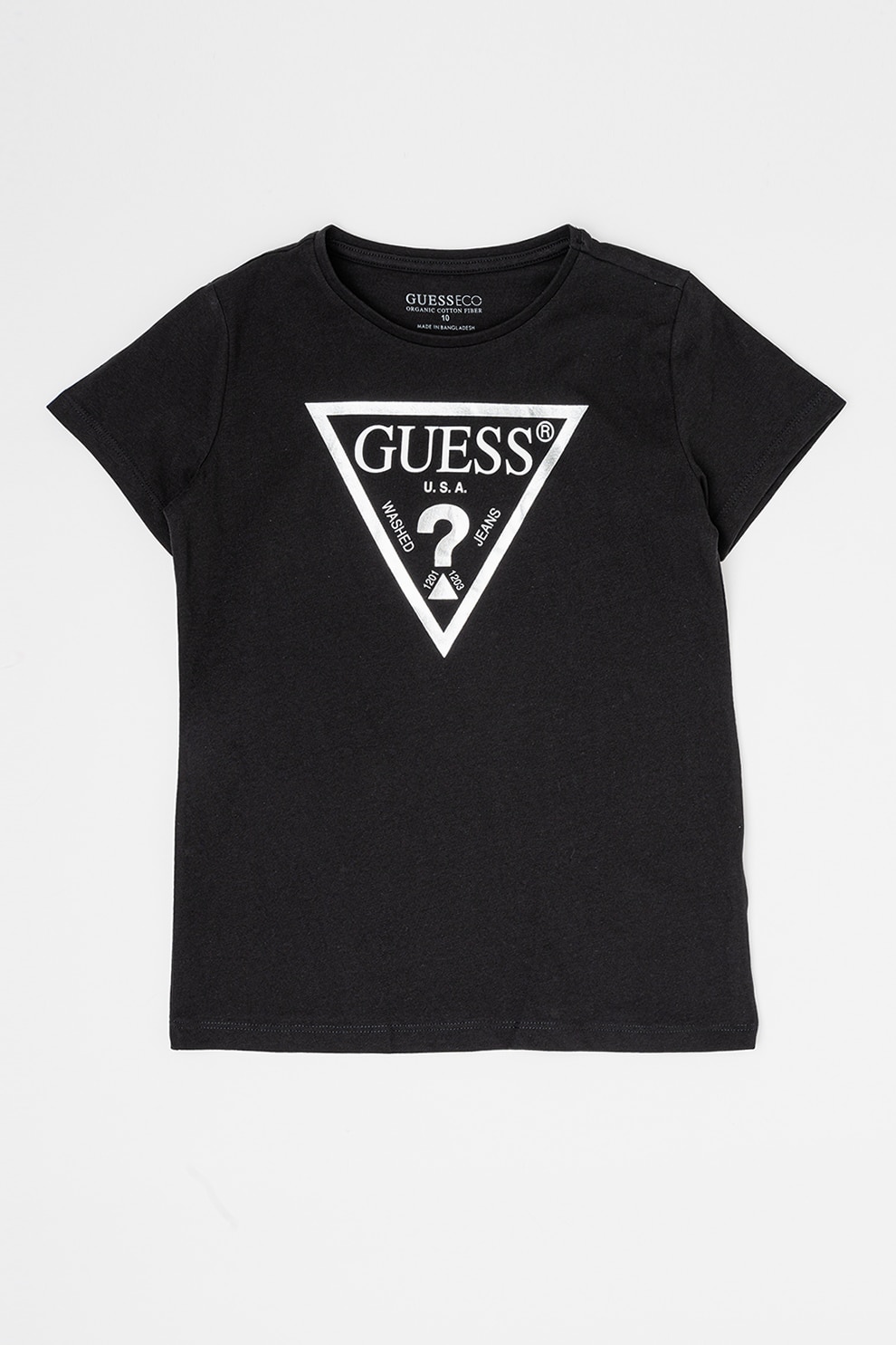 GUESS KIDS, Tricou de bumbac cu imprimeu logo metalizat, Negru, Argintiu, 140-146 CM