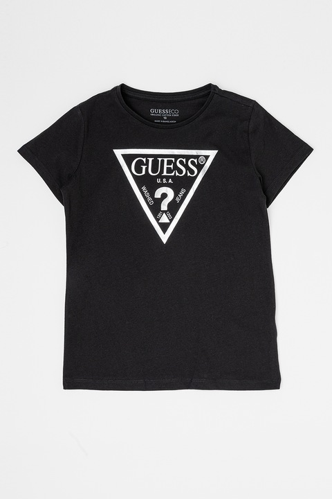 GUESS KIDS, Tricou de bumbac cu imprimeu logo metalizat, Negru/Argintiu