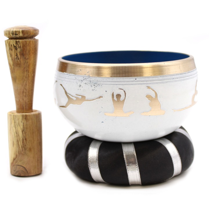 Set bol tibetan cantator, cu percutor lemn, perna, Yoga, alb - albastru, ∅ 10.7 cm, frecventa 140 Hz