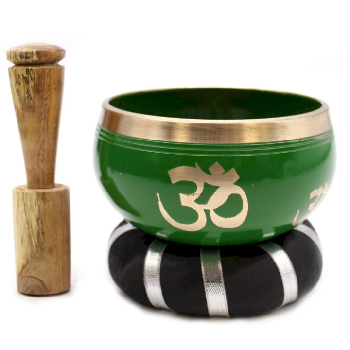 Set bol tibetan cantator, cu percutor lemn, perna, Copacul Vietii, negru, ∅ 10.7 cm, frecventa 673 Hz