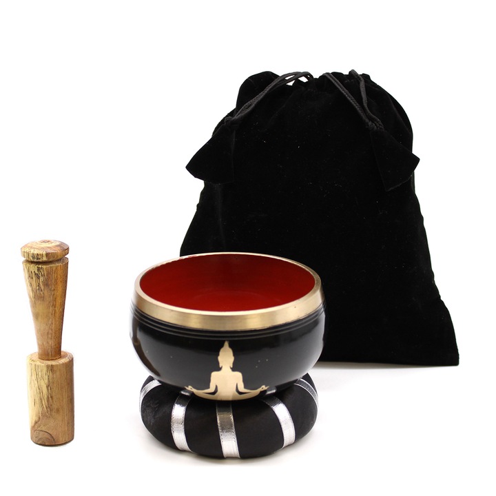 Set bol tibetan cantator, cu percutor lemn, perna, Budha, negru, ∅ 10.7 cm, frecventa 221 Hz