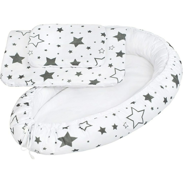 Set 3 piese, Baby Nest, Cu paturica si pernuta, New Baby, Grey stars