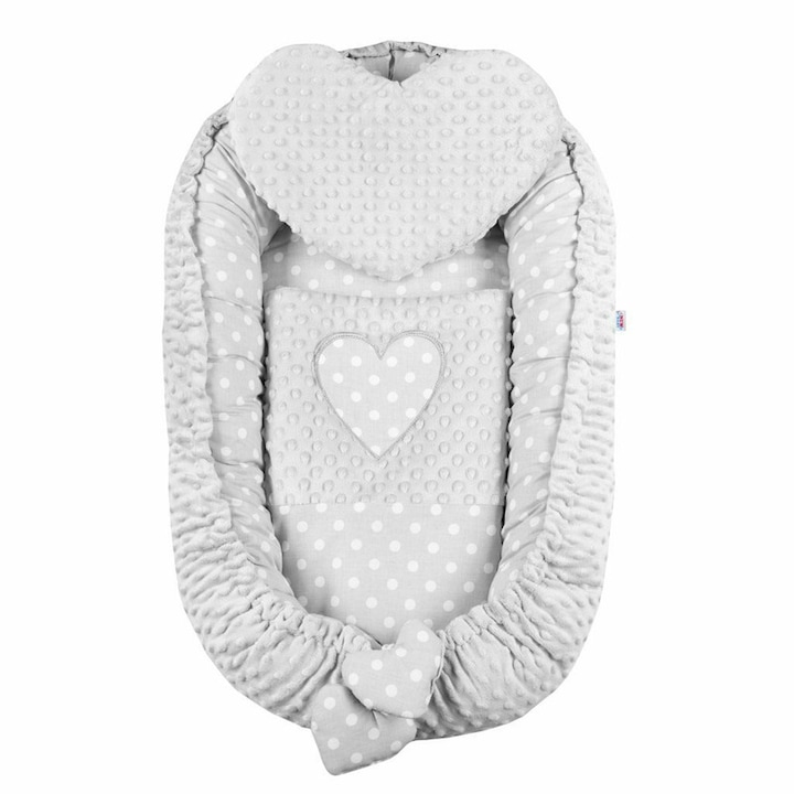 Set 3 piese Luxury, Baby Nest cu doua fete, Cu paturica si pernuta in forma de inima, New Baby, Minky Heart Grey