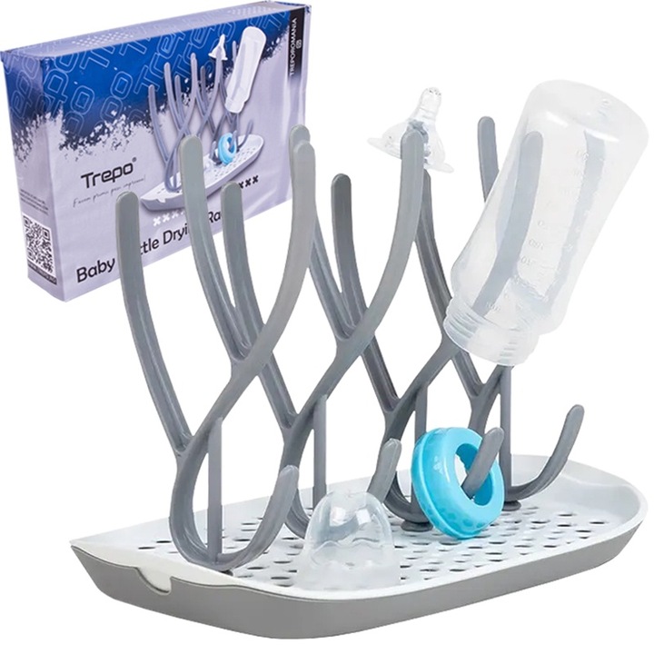 Suport de Uscare Multifunctional TREPO pentru Biberoane si Tetine / Suzete Gri / Alb