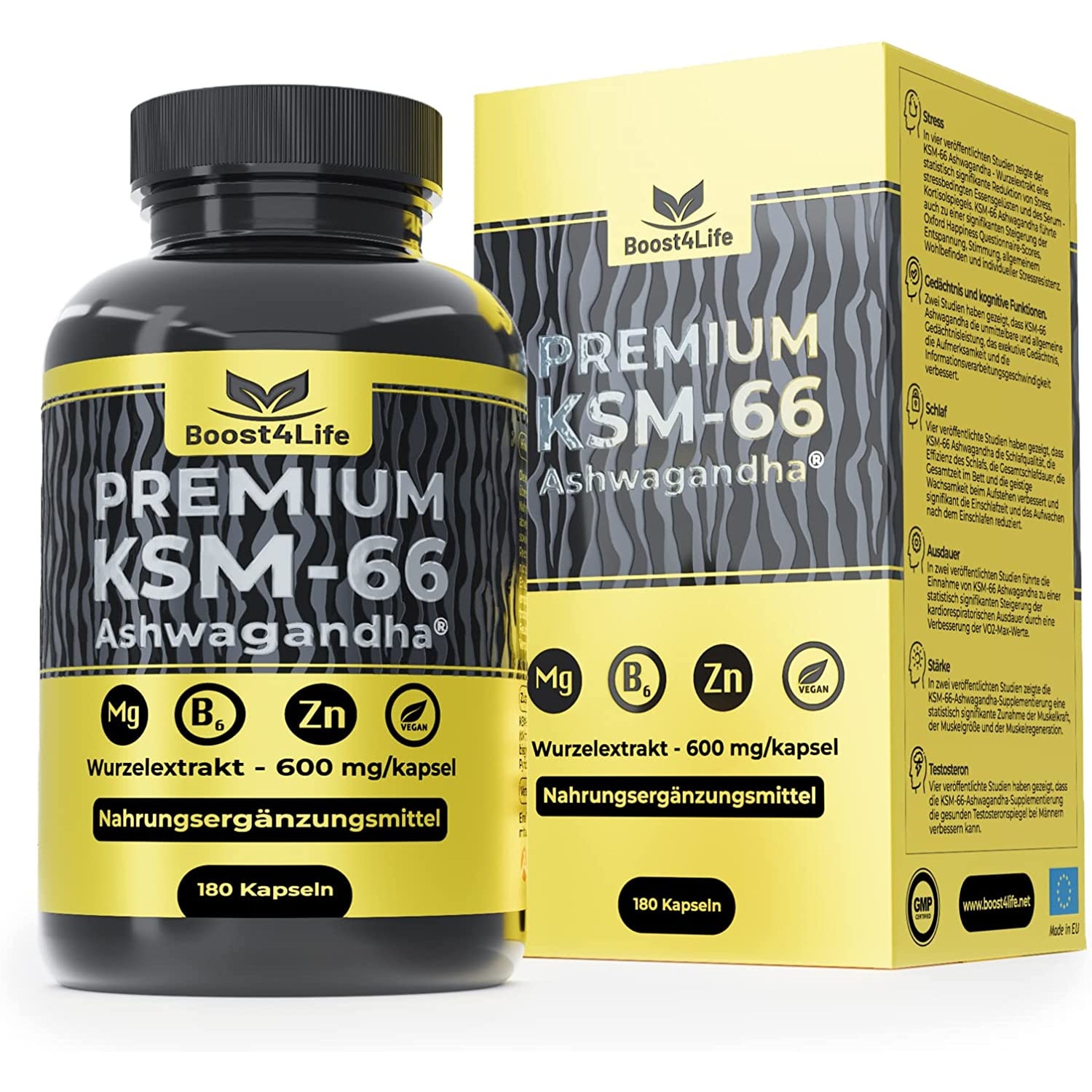 Extract de radacina Ashwagandha KSM-66® PREMIUM, 180 capsule vegane, 1200 mg/zi, Magneziu Bisglicinat, Zinc, Vitamina B6, Echilibru Psihic, Anxietate, Stres