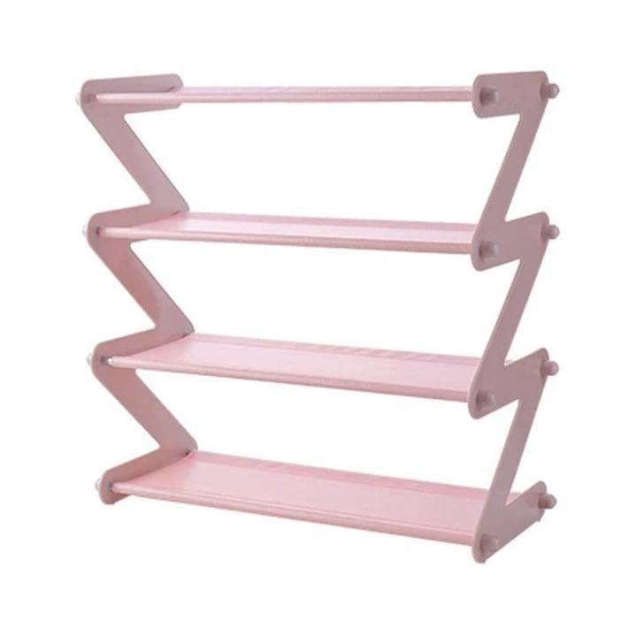 Organizator pentru pantofi, tip raft, in forma de Z, cu 4 rafturi, roz
