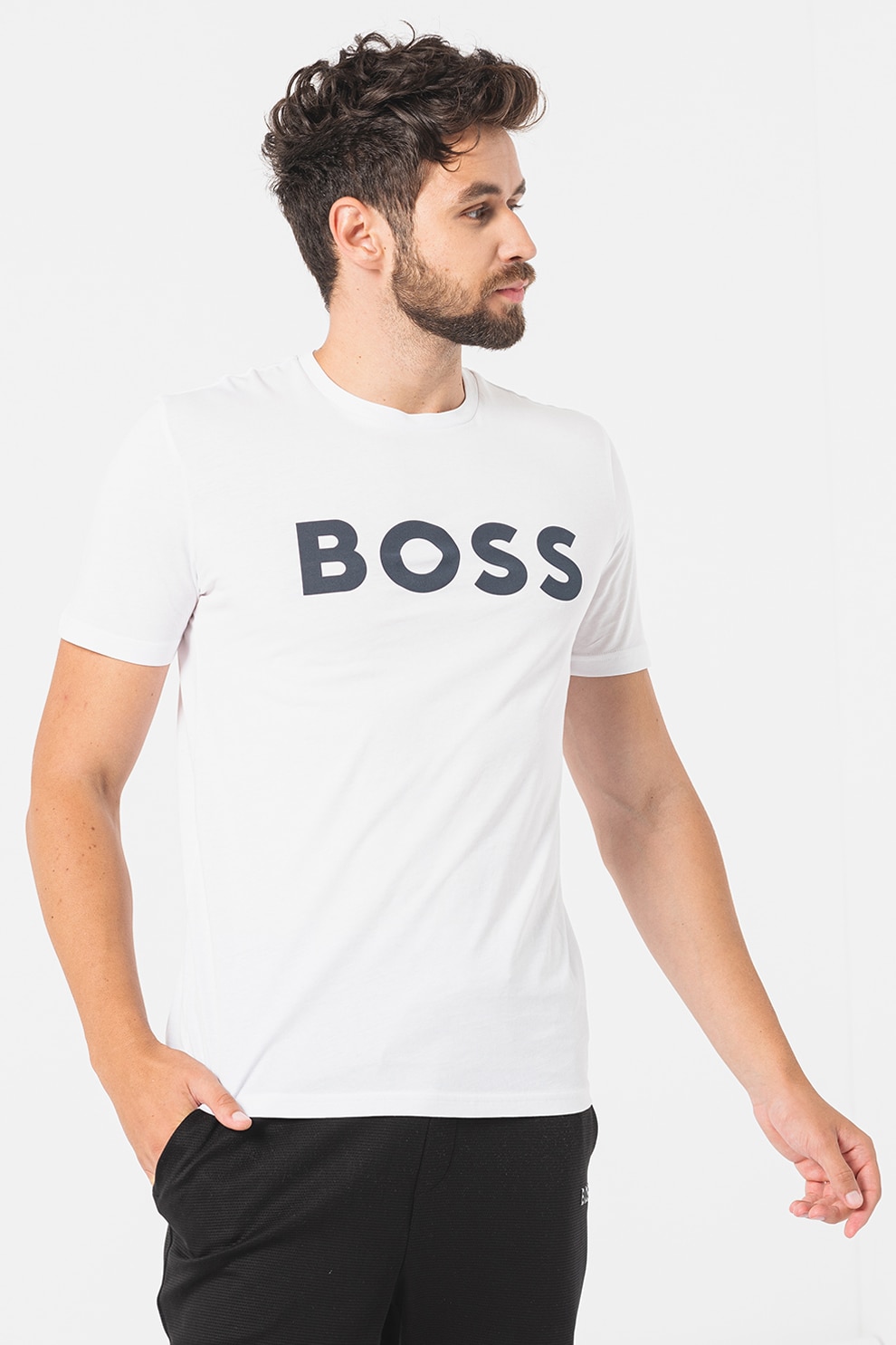 BOSS, Tricou cu imprimeu logo cauciucat Thinking, Negru, Alb optic, 2XL