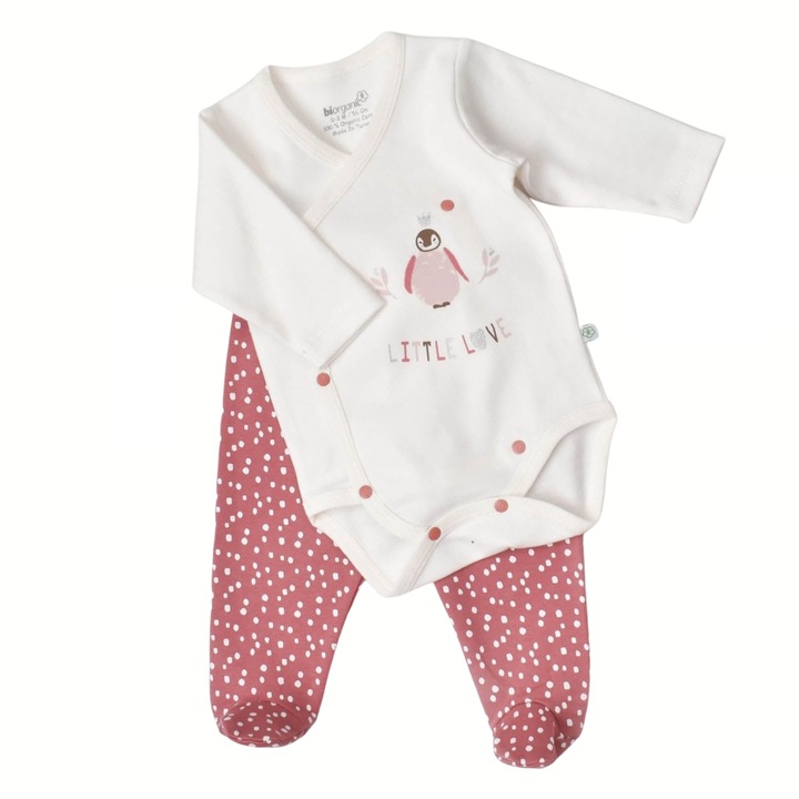 Compleu 2 Piese Bumbac Organic, Alb-Rosu